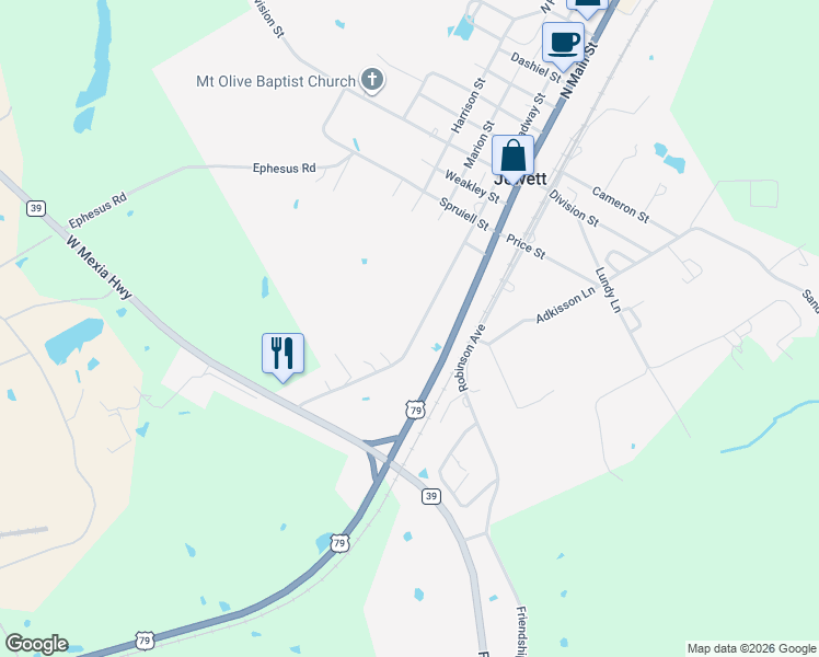 map of restaurants, bars, coffee shops, grocery stores, and more near 822 Broadway Road in Jewett