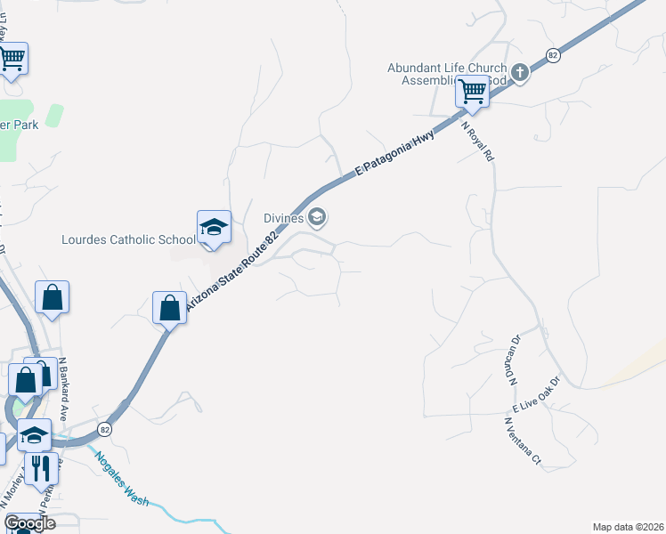 map of restaurants, bars, coffee shops, grocery stores, and more near 1327 North Ridgeline Drive in Nogales