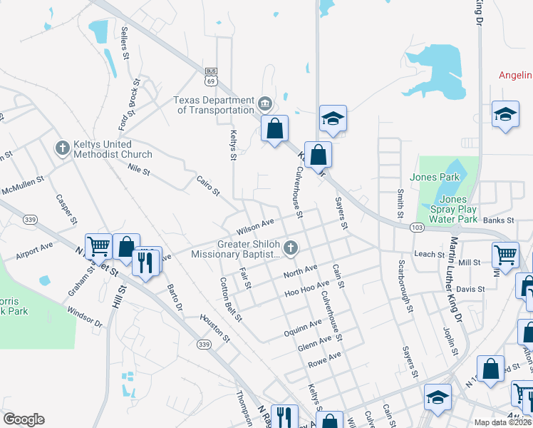 map of restaurants, bars, coffee shops, grocery stores, and more near 1950 Wilson Alley in Lufkin