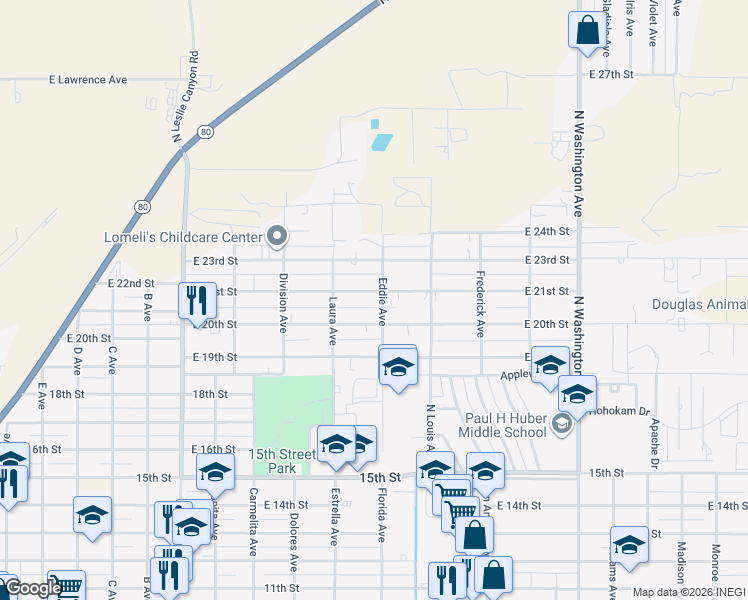 map of restaurants, bars, coffee shops, grocery stores, and more near 1441 East 21st Street in Douglas