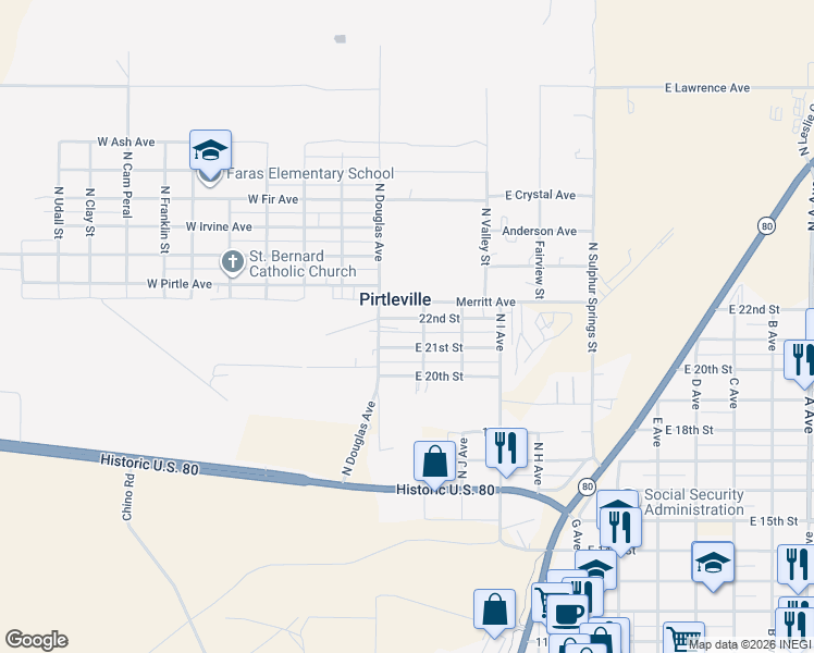 map of restaurants, bars, coffee shops, grocery stores, and more near 21 22nd Street in Douglas