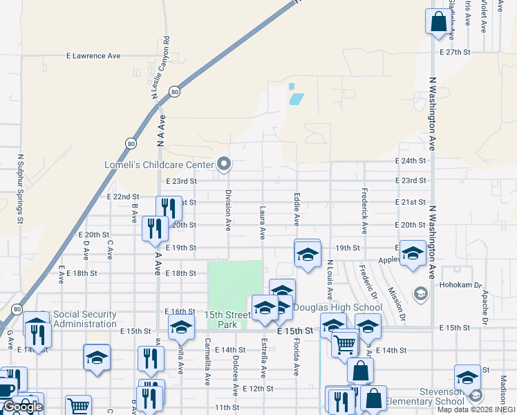 map of restaurants, bars, coffee shops, grocery stores, and more near 1395 East 21st Street in Douglas