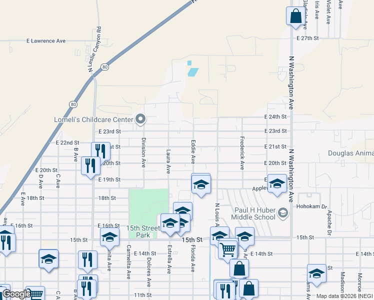 map of restaurants, bars, coffee shops, grocery stores, and more near 1441 East 21st Street in Douglas