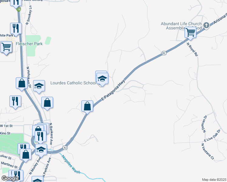 map of restaurants, bars, coffee shops, grocery stores, and more near 610 East Patagonia Highway in Nogales