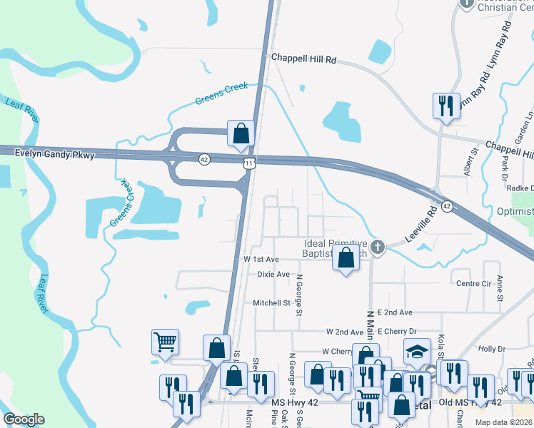 map of restaurants, bars, coffee shops, grocery stores, and more near 105 N Mamie St in Petal