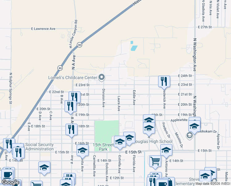 map of restaurants, bars, coffee shops, grocery stores, and more near 1395 East 21st Street in Douglas