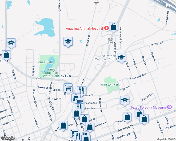 map of restaurants, bars, coffee shops, grocery stores, and more near 110 Forest Park Boulevard in Lufkin