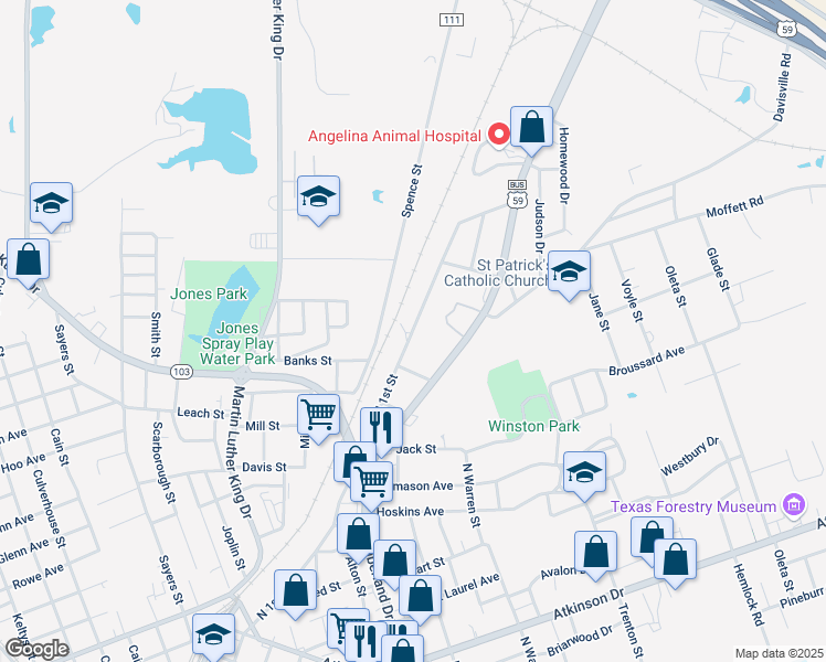 map of restaurants, bars, coffee shops, grocery stores, and more near 110 Forest Park Boulevard in Lufkin