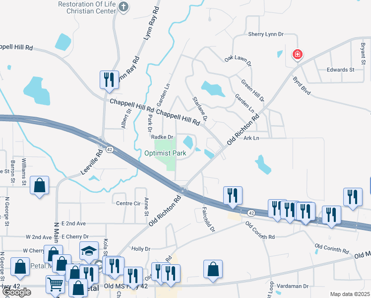map of restaurants, bars, coffee shops, grocery stores, and more near 102 Michael Loop in Petal