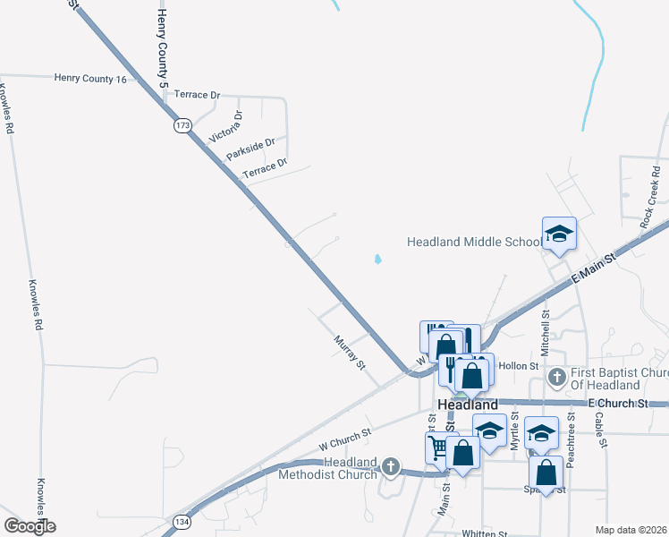 map of restaurants, bars, coffee shops, grocery stores, and more near 220 Broad Street in Headland