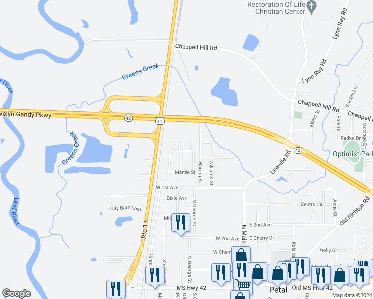 map of restaurants, bars, coffee shops, grocery stores, and more near 201 Elizabeth Avenue in Petal