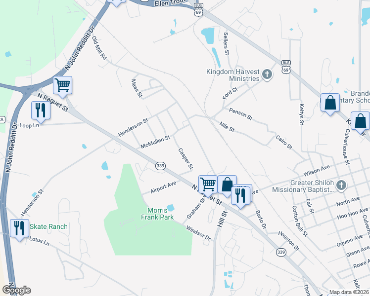 map of restaurants, bars, coffee shops, grocery stores, and more near 1853 Old Mill Road in Lufkin