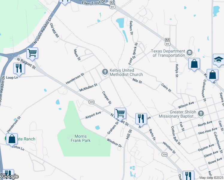 map of restaurants, bars, coffee shops, grocery stores, and more near 1847 Old Mill Road in Lufkin