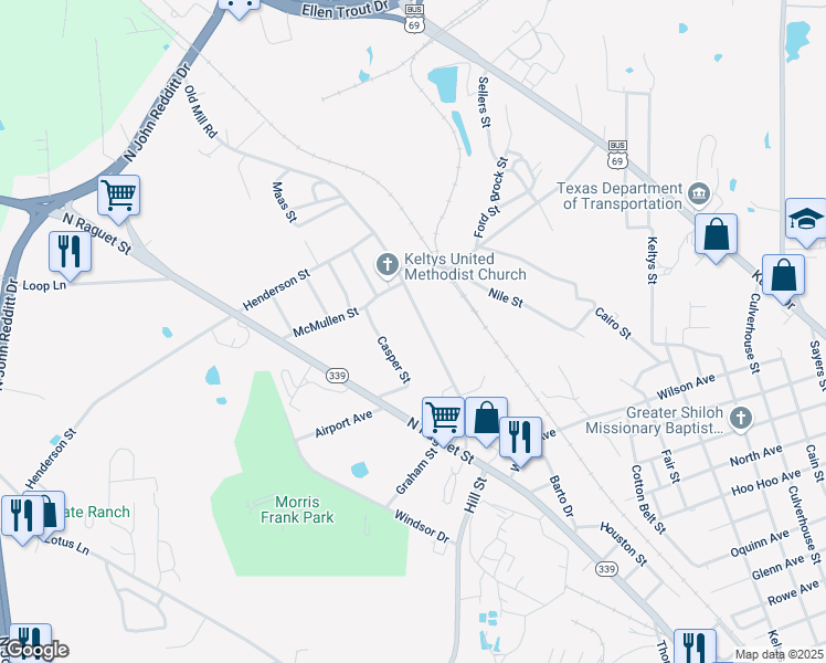 map of restaurants, bars, coffee shops, grocery stores, and more near 1847 Old Mill Road in Lufkin