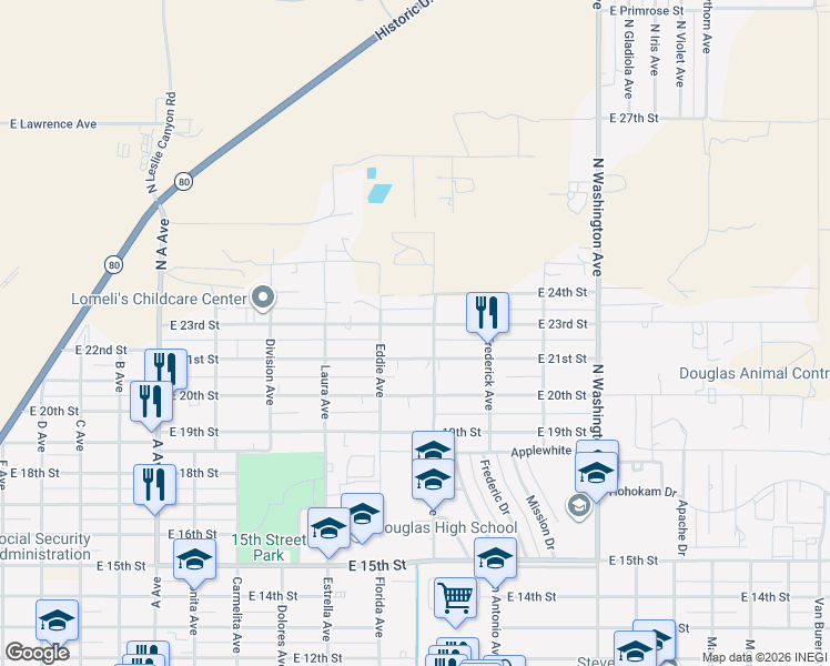 map of restaurants, bars, coffee shops, grocery stores, and more near 1507 East 23rd Street in Douglas