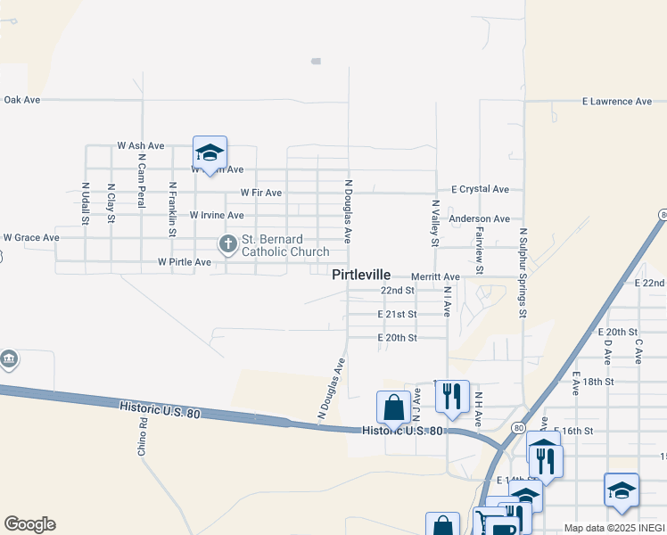 map of restaurants, bars, coffee shops, grocery stores, and more near 19 West Pirtle Avenue in Douglas