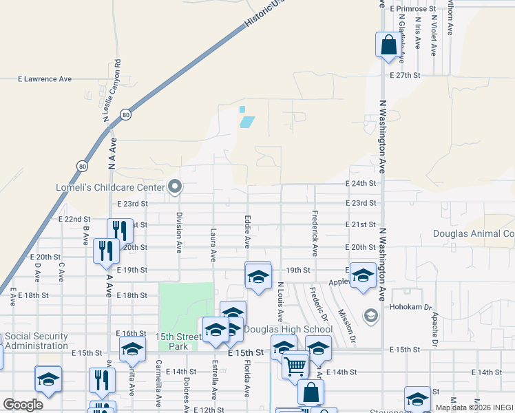 map of restaurants, bars, coffee shops, grocery stores, and more near 1507 East 23rd Street in Douglas