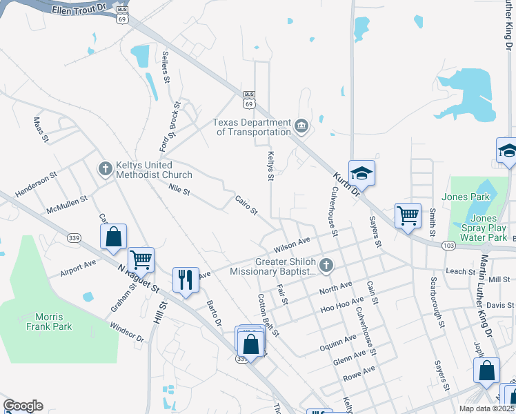 map of restaurants, bars, coffee shops, grocery stores, and more near 2002 Cairo Street in Lufkin