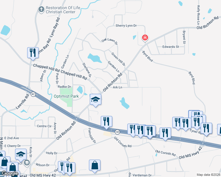 map of restaurants, bars, coffee shops, grocery stores, and more near 816 Old Richton Road in Petal