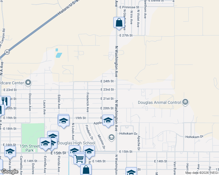map of restaurants, bars, coffee shops, grocery stores, and more near 1840 East 23rd Street in Douglas