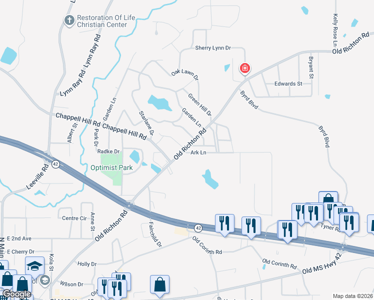 map of restaurants, bars, coffee shops, grocery stores, and more near 816 Old Richton Rd in Petal
