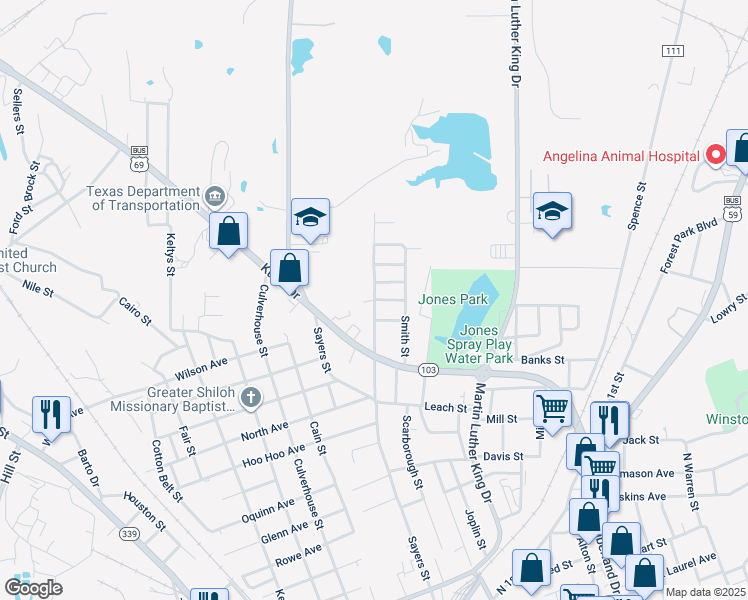 map of restaurants, bars, coffee shops, grocery stores, and more near 500 Packer Avenue in Lufkin