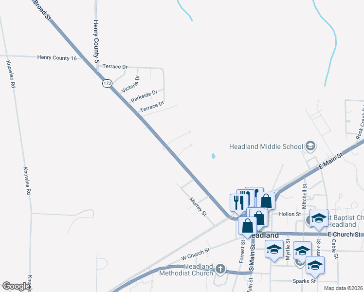 map of restaurants, bars, coffee shops, grocery stores, and more near 220 Broad Street in Headland