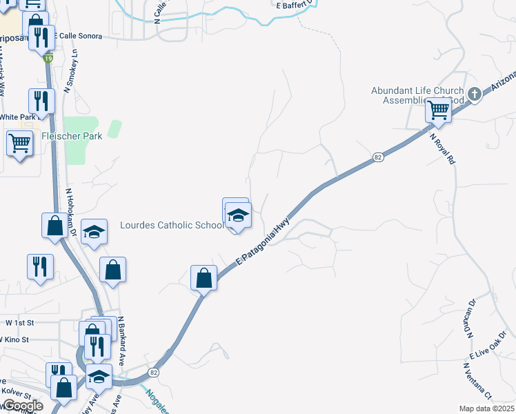 map of restaurants, bars, coffee shops, grocery stores, and more near 661 East Patagonia Highway in Nogales