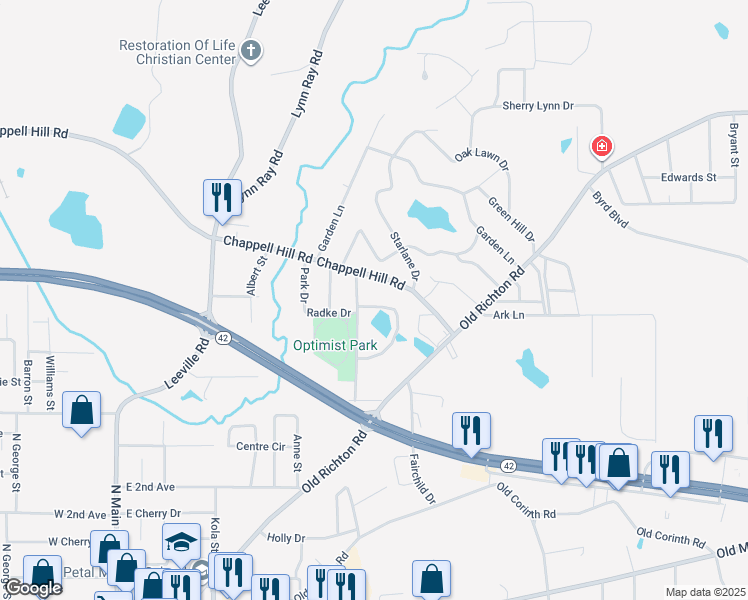 map of restaurants, bars, coffee shops, grocery stores, and more near 102 Michael Loop in Petal