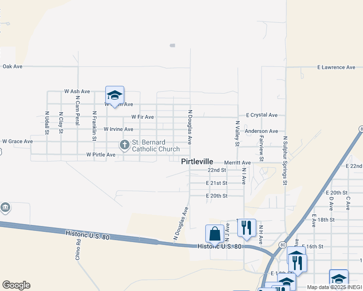 map of restaurants, bars, coffee shops, grocery stores, and more near 19 West Pirtle Avenue in Douglas