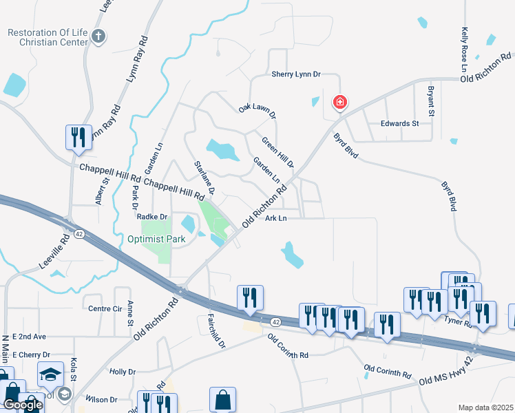 map of restaurants, bars, coffee shops, grocery stores, and more near 102-104 Beverly Drive in Petal
