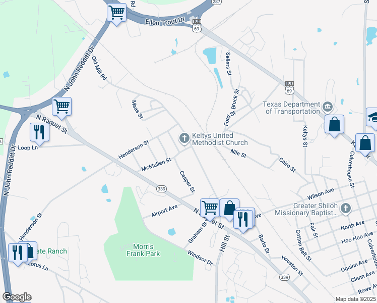 map of restaurants, bars, coffee shops, grocery stores, and more near 1865 Old Mill Road in Lufkin