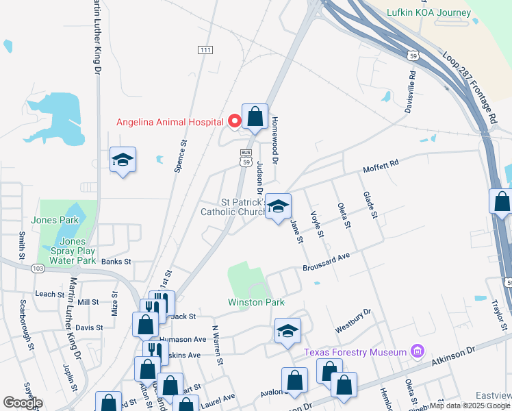 map of restaurants, bars, coffee shops, grocery stores, and more near 2005 Judson Drive in Lufkin