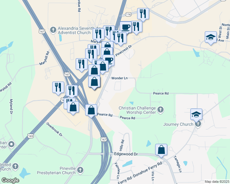 map of restaurants, bars, coffee shops, grocery stores, and more near 3206 Military Hwy in Pineville