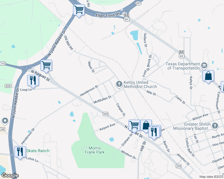 map of restaurants, bars, coffee shops, grocery stores, and more near 105 Cooper Street in Lufkin