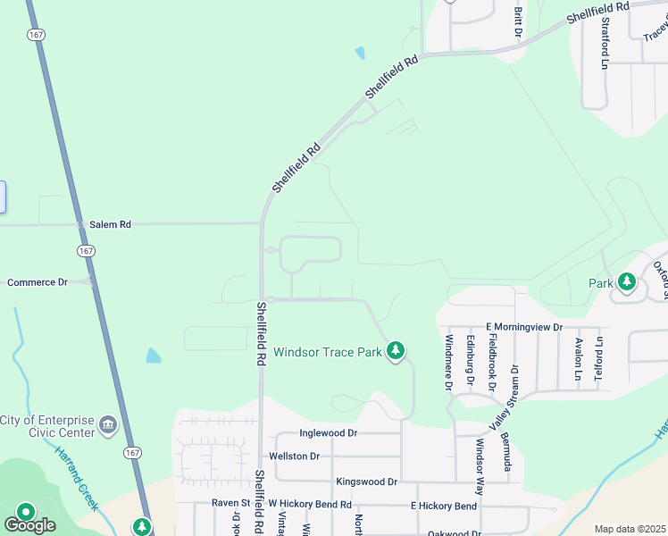 map of restaurants, bars, coffee shops, grocery stores, and more near 222 Windsor Garden Drive in Enterprise