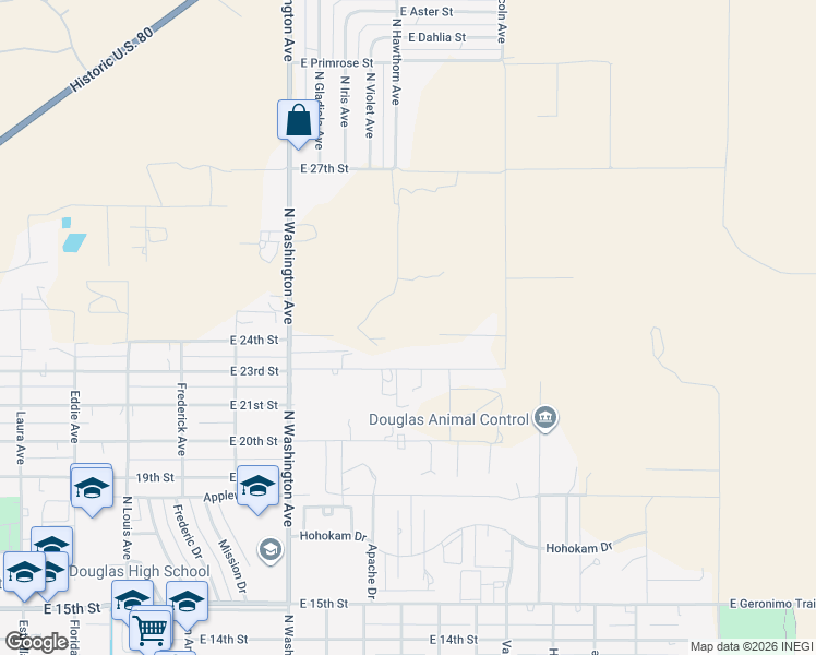 map of restaurants, bars, coffee shops, grocery stores, and more near 2412 East 24th Street in Douglas