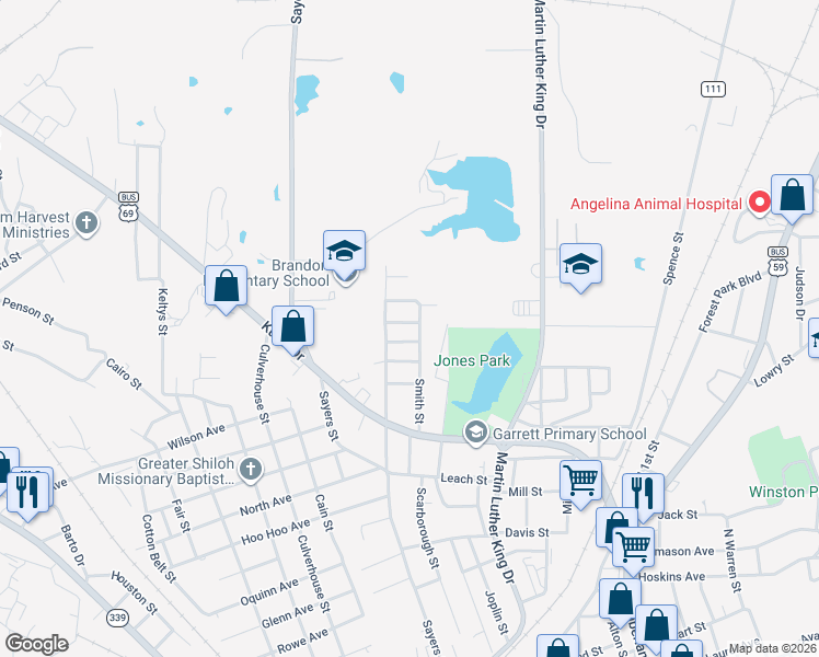 map of restaurants, bars, coffee shops, grocery stores, and more near 405 Garner Avenue in Lufkin