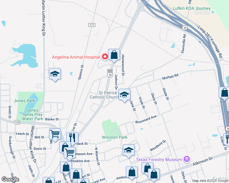 map of restaurants, bars, coffee shops, grocery stores, and more near 2005 Judson Drive in Lufkin