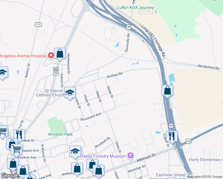 map of restaurants, bars, coffee shops, grocery stores, and more near 1304 Glade Street in Lufkin