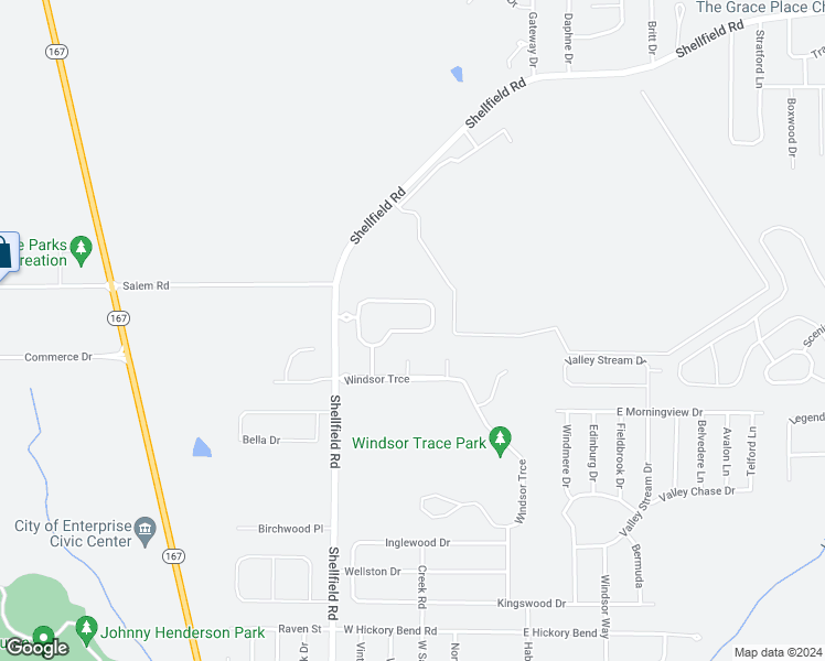 map of restaurants, bars, coffee shops, grocery stores, and more near 216 Windsor Garden Drive in Enterprise