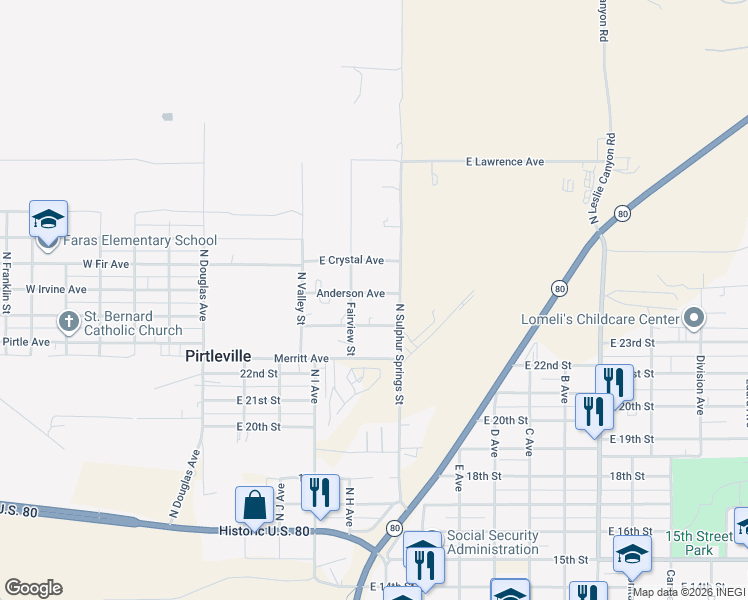 map of restaurants, bars, coffee shops, grocery stores, and more near 449 Anderson Avenue in Pirtleville