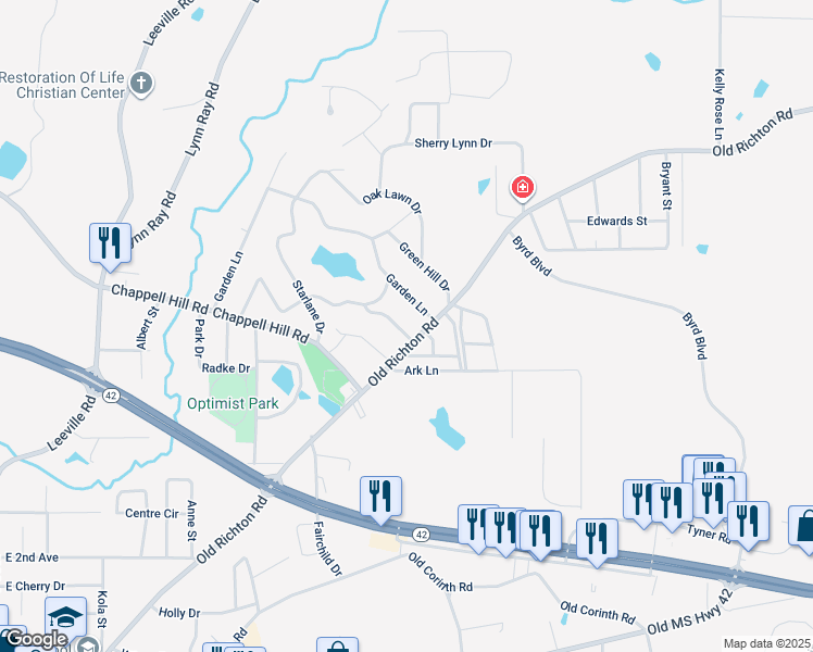map of restaurants, bars, coffee shops, grocery stores, and more near 102 Beverly Drive in Petal