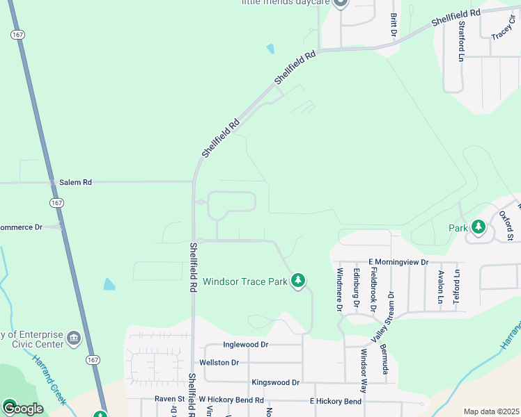 map of restaurants, bars, coffee shops, grocery stores, and more near 230 Windsor Garden Drive in Enterprise