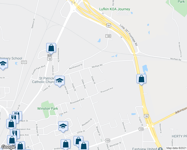 map of restaurants, bars, coffee shops, grocery stores, and more near 1308 Glade Street in Lufkin