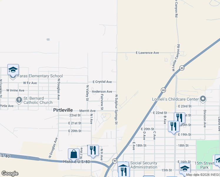 map of restaurants, bars, coffee shops, grocery stores, and more near 449 Anderson Avenue in Pirtleville