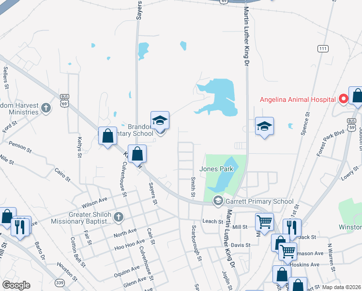 map of restaurants, bars, coffee shops, grocery stores, and more near 405 Garner Avenue in Lufkin