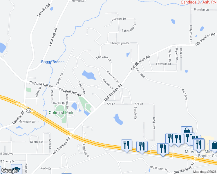 map of restaurants, bars, coffee shops, grocery stores, and more near 105 Garden Lane in Petal
