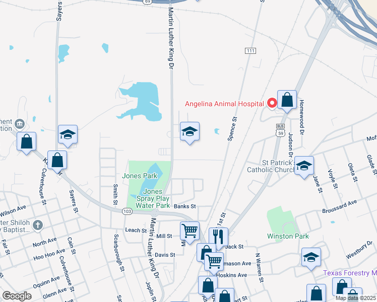map of restaurants, bars, coffee shops, grocery stores, and more near 1806 Martin Luther King Junior Boulevard in Lufkin