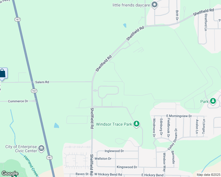 map of restaurants, bars, coffee shops, grocery stores, and more near 254 Windsor Garden Drive in Enterprise